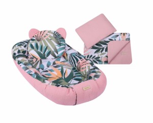 Kokon niemowlęcy z kocykiem i podusią dla dziewczynki różowy liście palmy 
