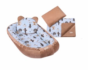 Kokon niemowlęcy z kocykiem i podusią dla chłopca i dziewczynki brązowo niebieska