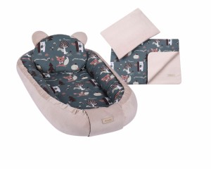 Kokon niemowlęcy z kocykiem i podusią dla chłopca cappucino liski