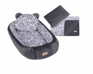 Kokon niemowlęcy z kocykiem i podusią dla chłopca i dziewczynki ciemny szary