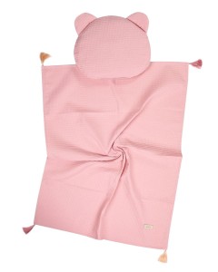 Kocyk dziecięcy, niemowlęcy z frędzlami i podusią WAFELEK - różowy