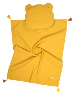 Kocyk dziecięcy, niemowlęcy z frędzlami i podusią WAFELEK -żółty