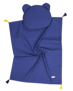 Kocyk dziecięcy, niemowlęcy z frędzlami i podusią WAFELEK -granatowy