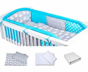 7 - elements bedding set for crib with long protector collection COLORS turquoise