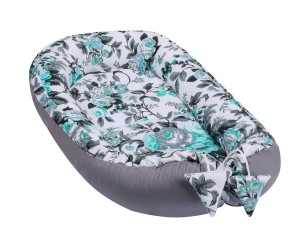 Kokon niemowlęcy dziecięcy  -  szary, turkus, kwiaty - kolekcja DREAM