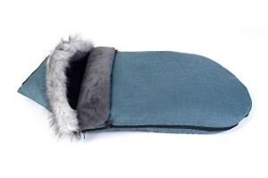 Śpiworek zimowy na zimę do wózka z futerkiem z liska z polarem jeans ciemny niebieski